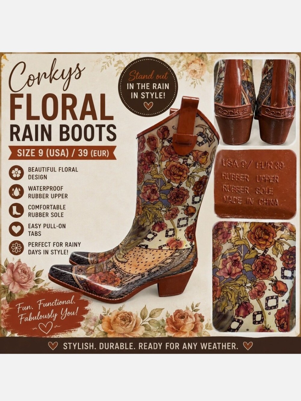 Corkys Floral Print Rain Boots - Brown with Multicolor Flowers